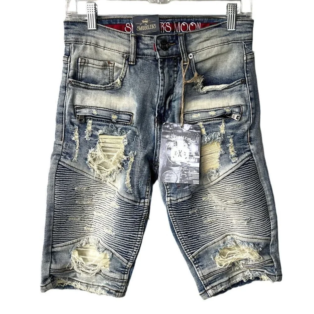 Smuggler's Moon Mens Sz 28 Biker Moto Distressed Ripped Light Wash‎ Jean Shorts